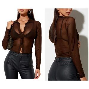 Sheer Brown Button-Up Top